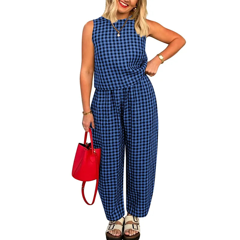 Fashion Women's Pants Set Printed Plaid Sleeveless 2025 Spring Summer Relaxed Vest Nine Point Pants Home Wear Female 2 Piece Set