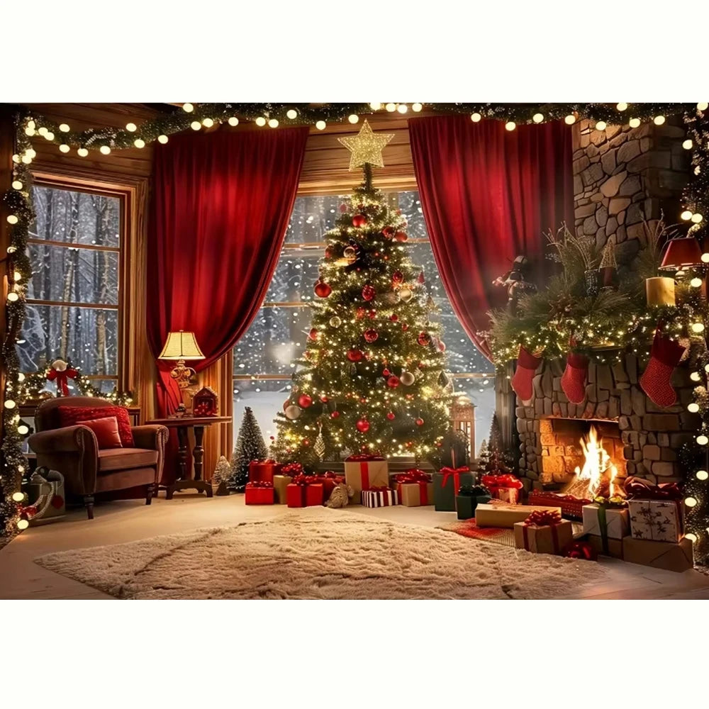 Christmas tree and fireplace background, suitable for holiday photos and decorations, universal bannersBackground decoration