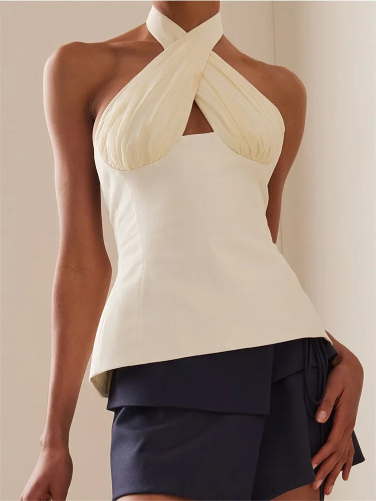 Sexy Women Summer Fashion Tank Tops Solid Color Sleeveless Backless Tie-up Halter Off Shoulder Ruched Vest Streetwear