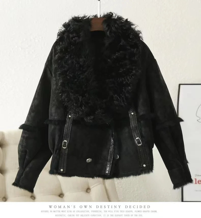 2024 autumn and winer short fur wmen's shepskin jacket tnned suede fbric 100% natral rbbit fur lining women's wool collar