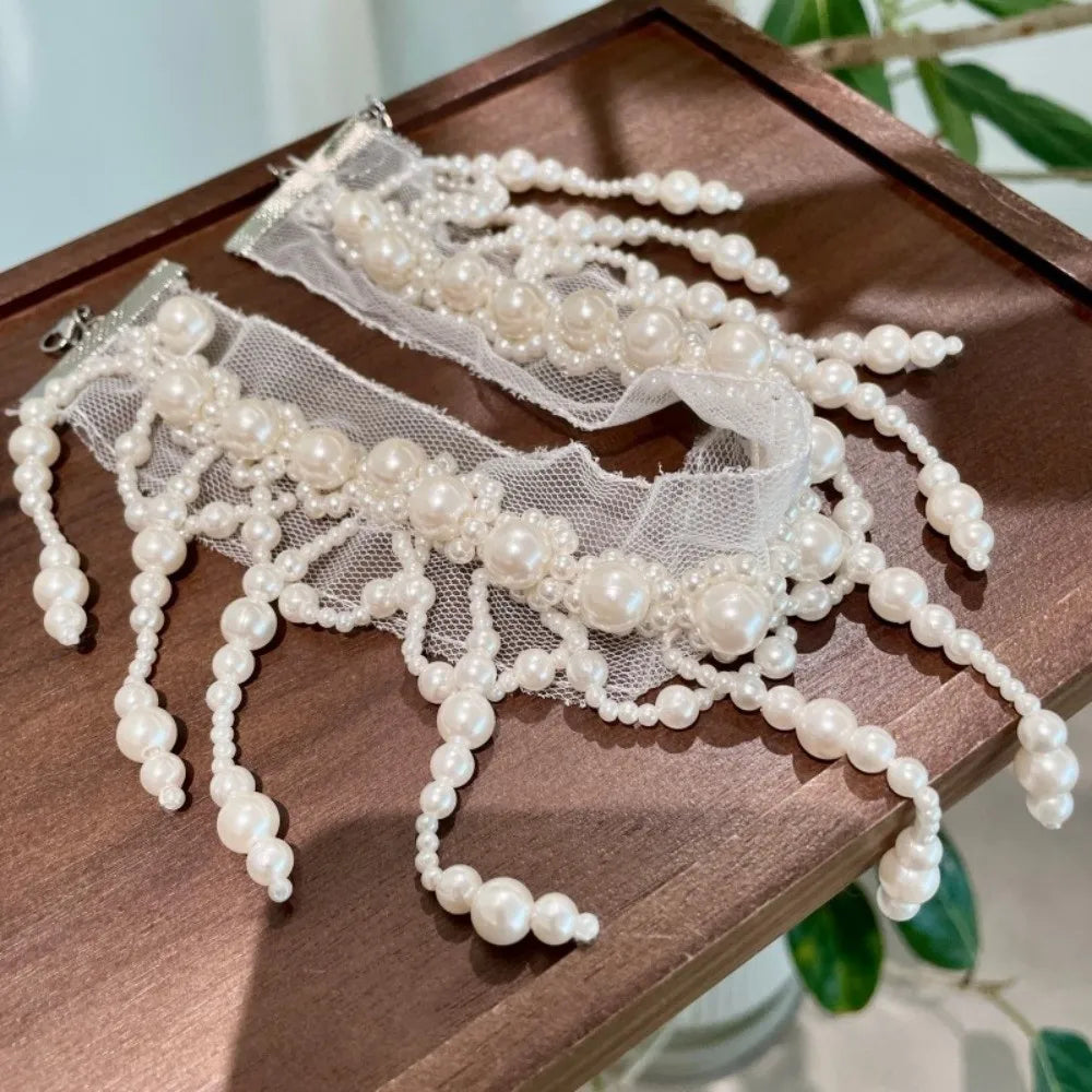 Neck Pendant White Pearl Lace Choker Creative Alloy Tassel Beads Necklace French Style Collarbone Chain Mesh Neck Jewelry Gift
