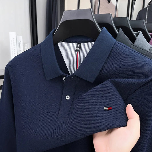 100% pure cotton autumn and winter high-end men's POLO shirt fashion brand embroidery business casual lapel long sleeved shirt