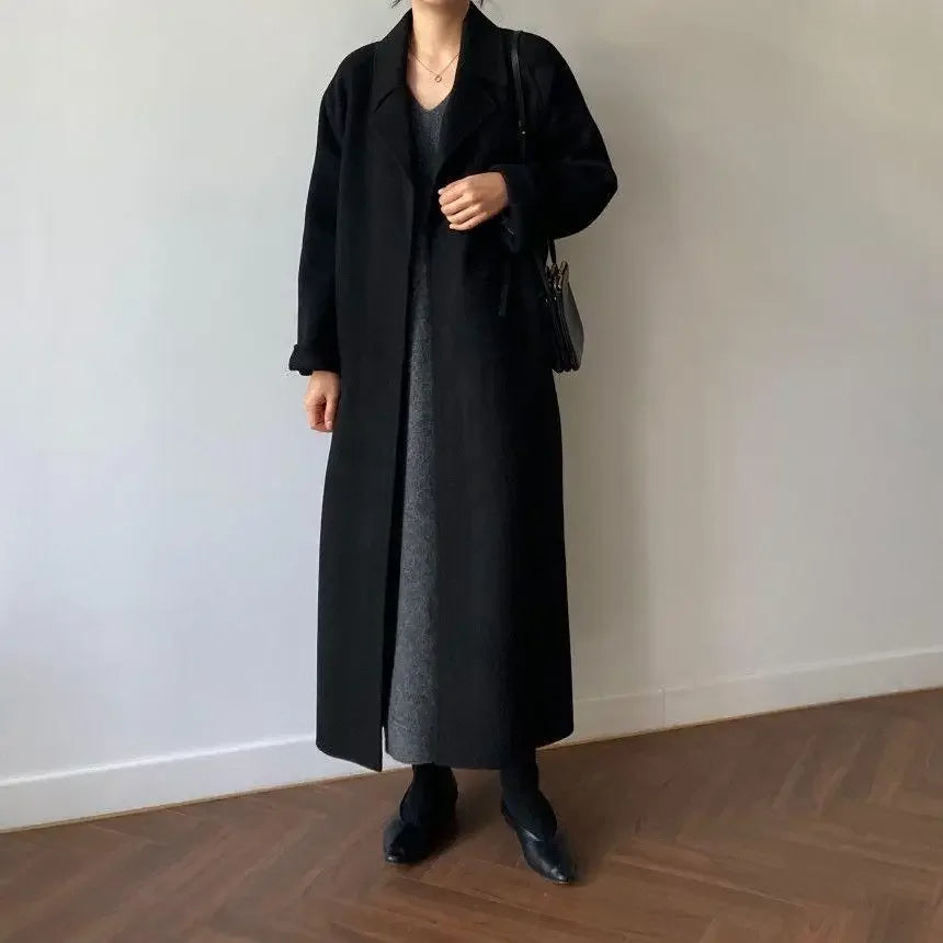 Ele Woolen Coat Women's 2025 Autumn Winter Mid Length Adjustable Waist Thick Casual Long Sve Fashion Wool Coats