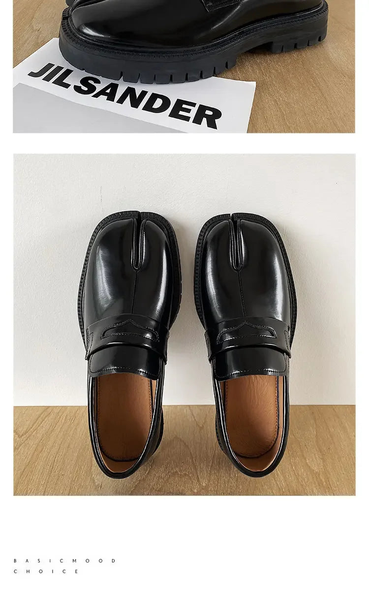 Maganda Split toe horseshoe shoes for men's thick sole Lefu shoes Tabi shoes patent leather shoes Korean version trend casual