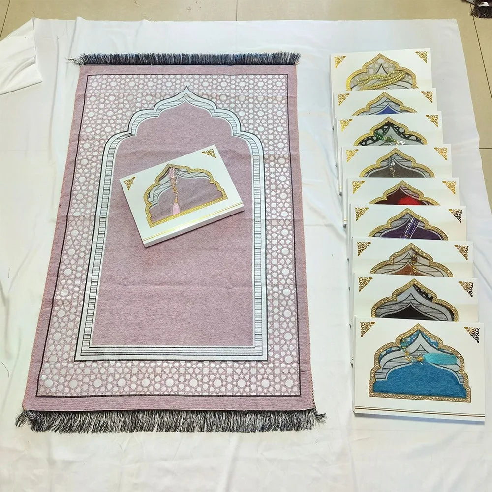 Islamic Gifts 70x110cm Muslim Prayer Rug Non-slip Foldable Prayer Mat Set Rectangle with Prayer Beads Janamaz Sajadah Travel