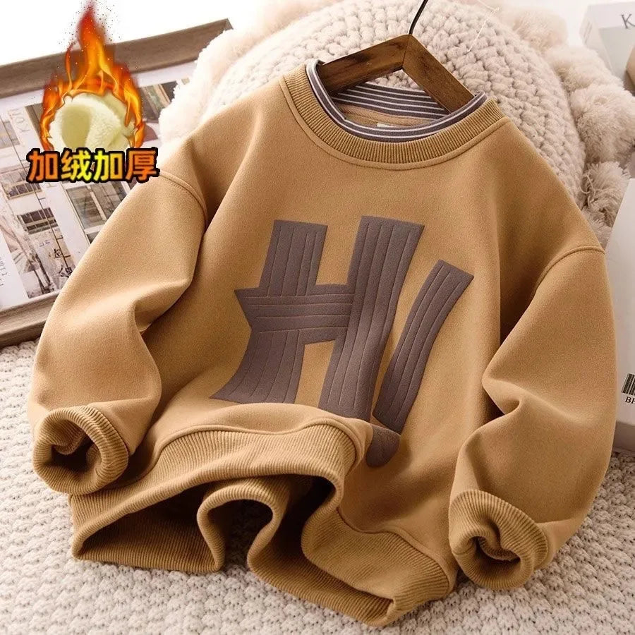Boys Padded Thickened Hoodies Children Autumn Winter Bottoming Shirt Teenager Plus Velvet Sweatshirts Kids LambWool Clothing