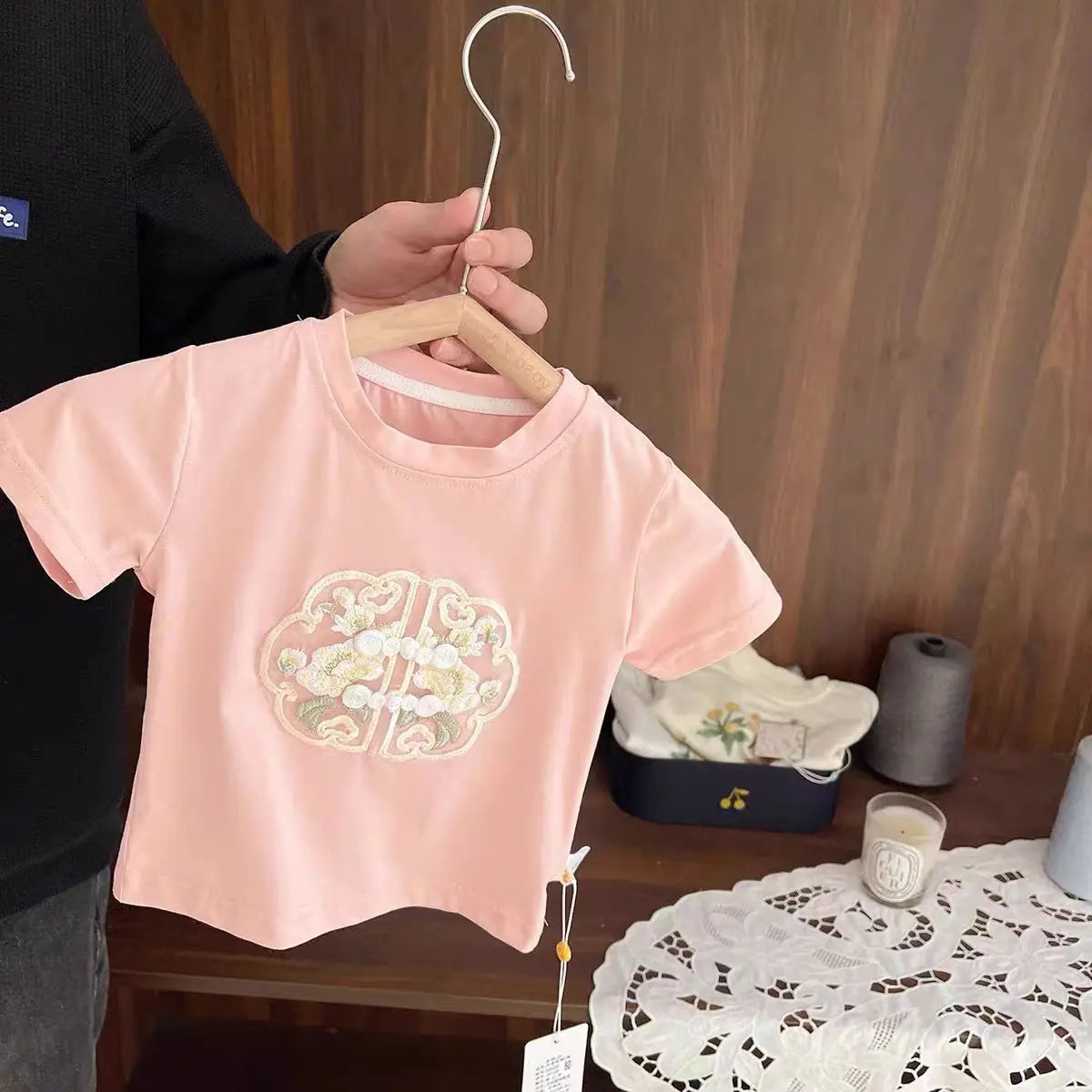Girls' Cotton T-shirt with Cake Print Bowknot Short Sleeve Skirt Design Cartoon Style Summer Fashionable Kids' Clothing