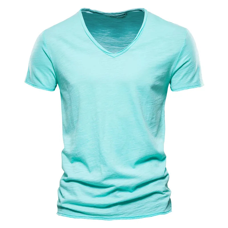 100% Cotton Men T-shirt V-neck Fashion Design Slim Fit Soild T-shirts Male Tops Tees Short Sleeve T Shirt O-neck for Men