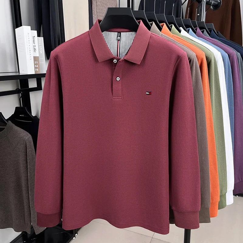 100% pure cotton autumn and winter high-end men's POLO shirt fashion brand embroidery business casual lapel long sleeved shirt