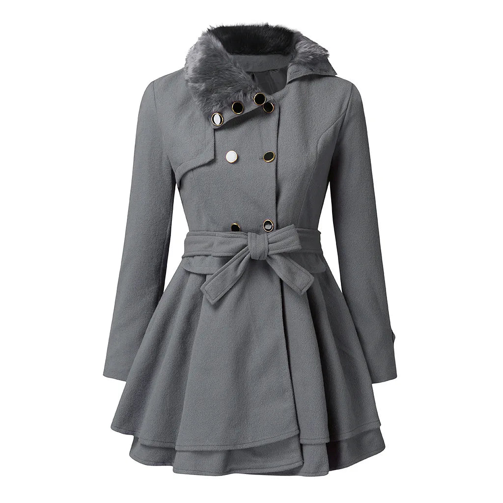 European and American Women's Wool Coat with Wide Skirt Hem and Fur Collar Women's Double-Breasted Wool Trench Coat