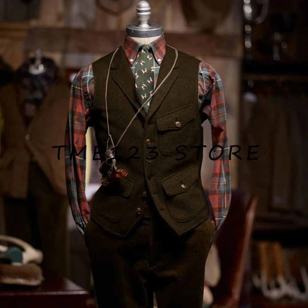 Woolen Vests for Men V-neck Single-breasted Retro Fashion Suit Vest for Men Formal Male Clothes Cufflinks to Man Wang Vests
