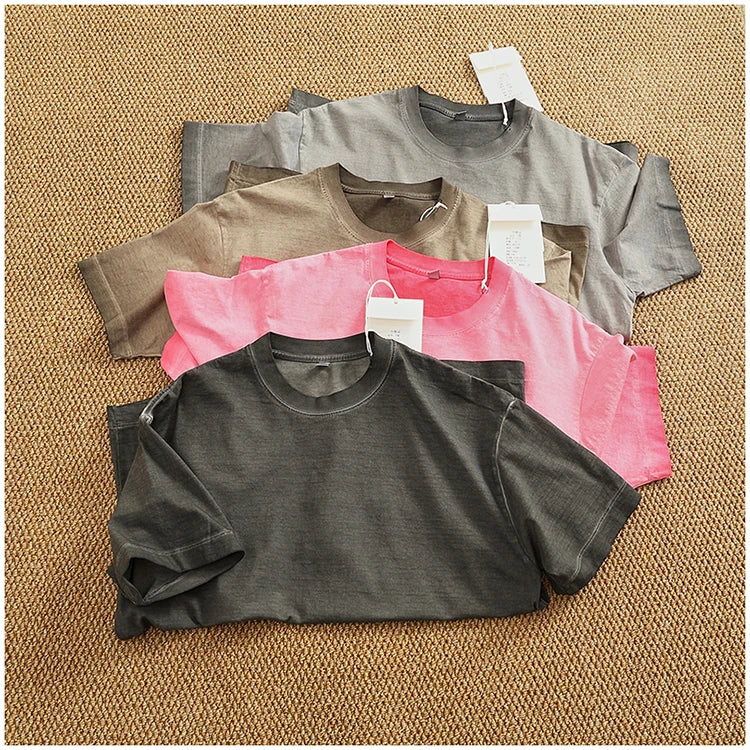 100% cotton made old wash short sleeve T-shirt men's round neck loose drop rotator sleeve solid color half sleeve T