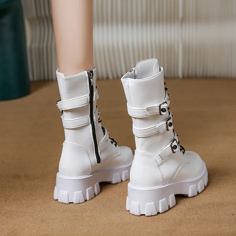 WOMEN ANKLE BOOTS Goth Boots Woman Winter 2024 Platform Shoes Sneakers Studded Belt Buckle Punk Chunky Heels Mid Calf Boots