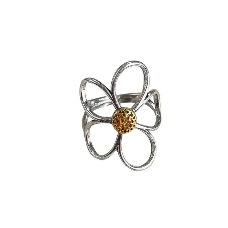 Sterling Silver Rings for Women Couple Minimalist Handmade Simple Big Flower Ring Party Jewelry Gift Prevent Allergy