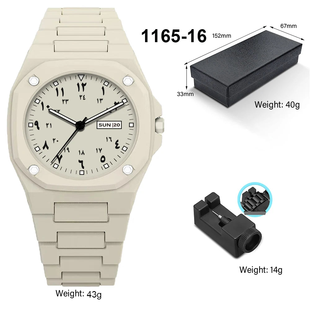 Both men and women can wear this stylish new men's watch. It is a simple black men's quartz watch with Arabic numerals and a cas