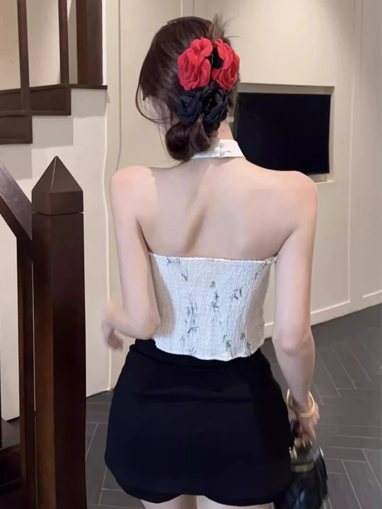 Summer Elegant Vintage Woman Clothing Print Halter Sleeveless Design Camis Tops Retro New Fashion Female Button Casual Chic Tops