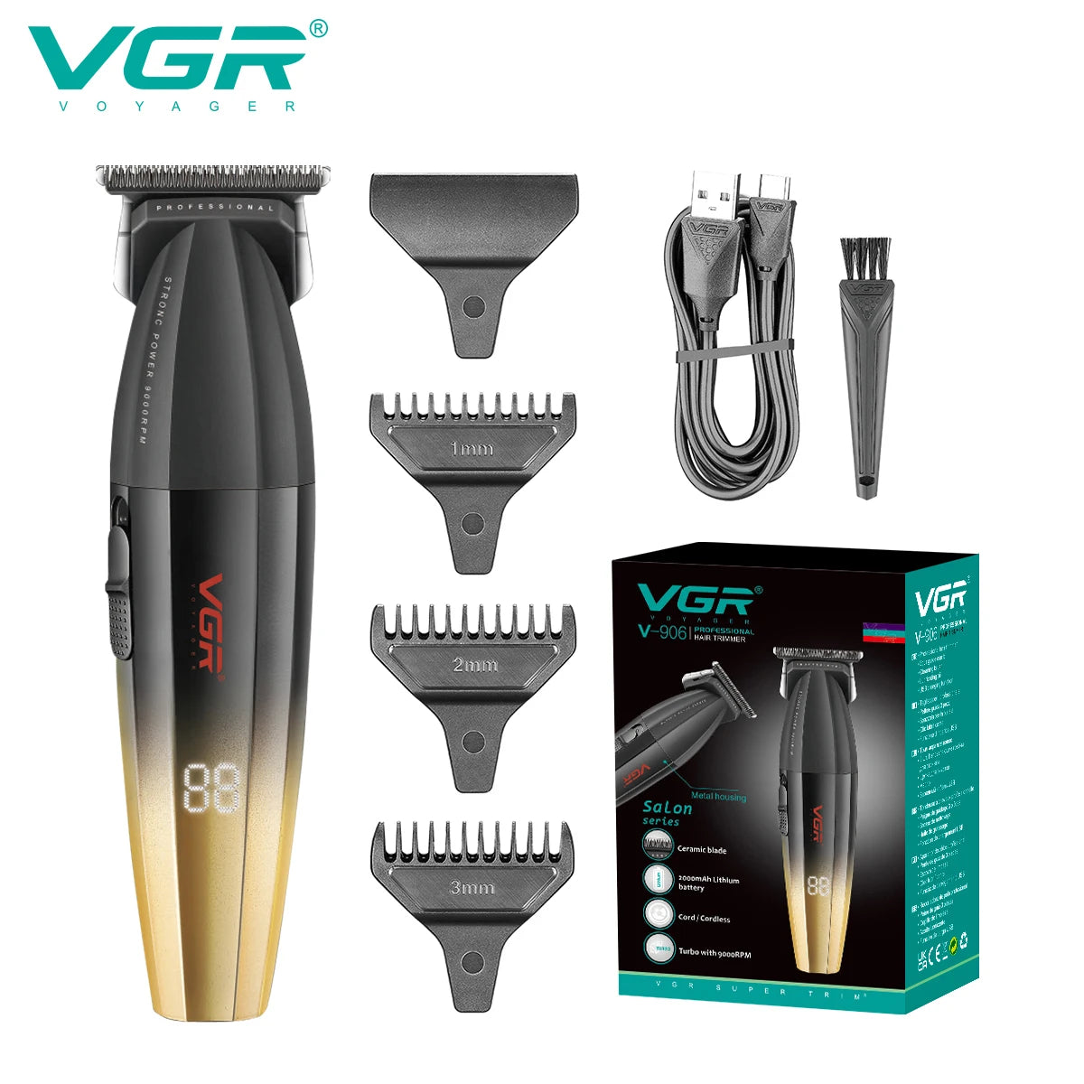 VGR V-906 Hair Salon Home Hair Trimmer Gradient Metal Body Hair Clipper Hair Carving LED Intelligent Digital Display Electric Pu