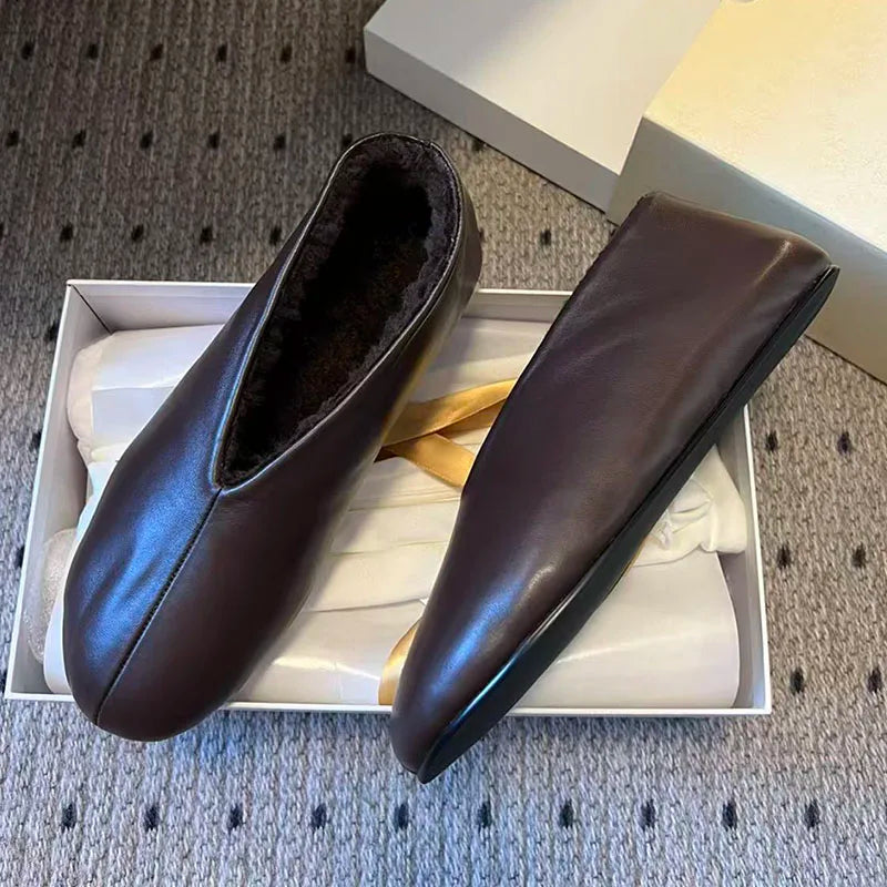 Winter Shoes Woman Genuine Leather Round Toe Slip-on Loafers Woman Casual Comfy Walk Shoes Wool Warm Flat Short Boots Women