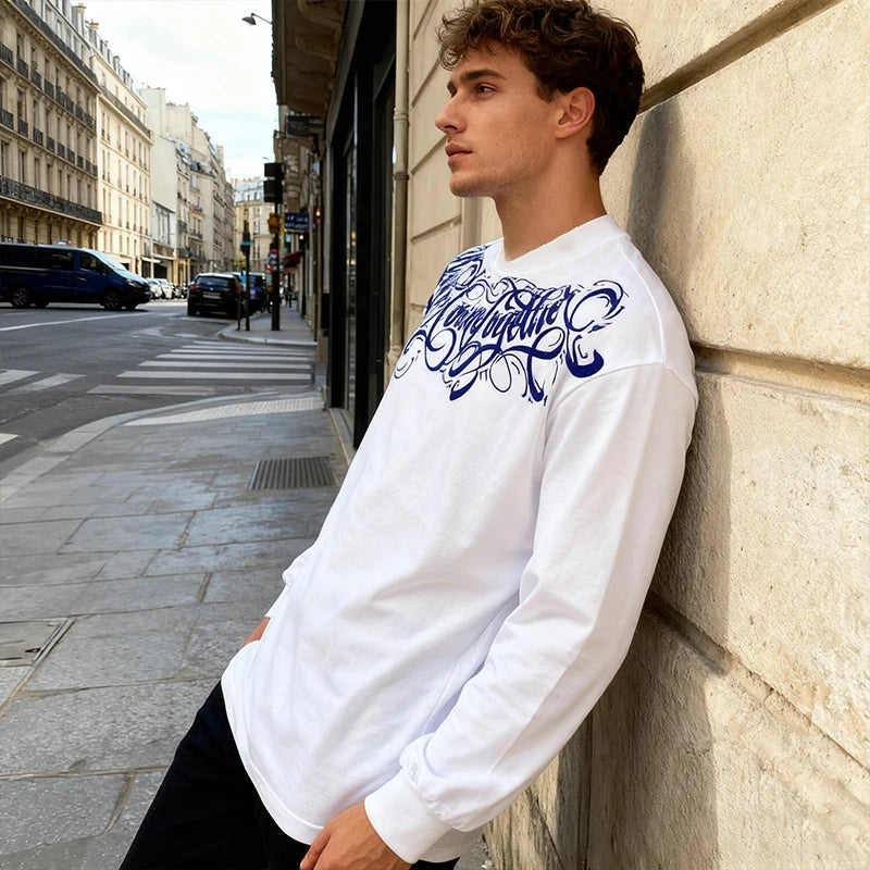 100% Cotton White Long Sleeves T-shirt Men 2025 Autumn New American Retro Street Oversize T-shirt Casual Y2k Top Men clothing