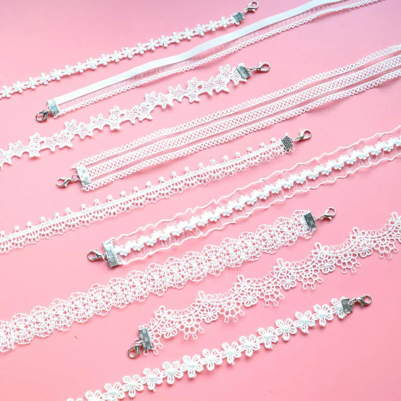 5 Pieces Sweet Pink Lace Choker Necklace Set for Women with Flower Pearl Dangle Clavicle Jewelry Accessories Gift for Girls