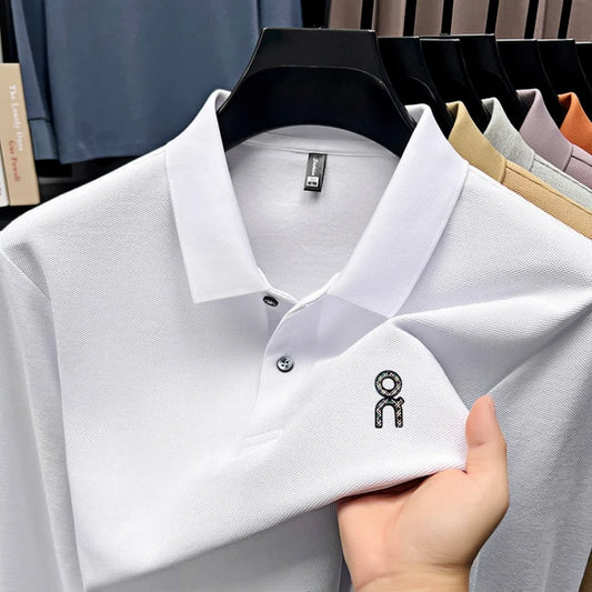 100% pure cotton polo shirt long sleeved men's brand fashionable embossed T-shirt sports breathable spring autumn casual new top