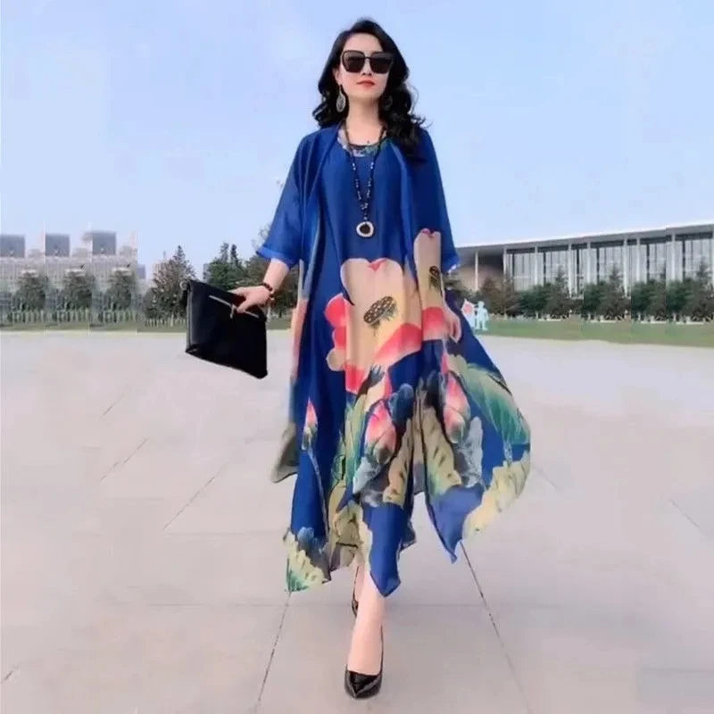 Authentic Silk Dress for Mother, Silkworm Loose Dress, High-End Print, 2-Piece Dress, Women's Dresses, Spring, Summer, New, 2023