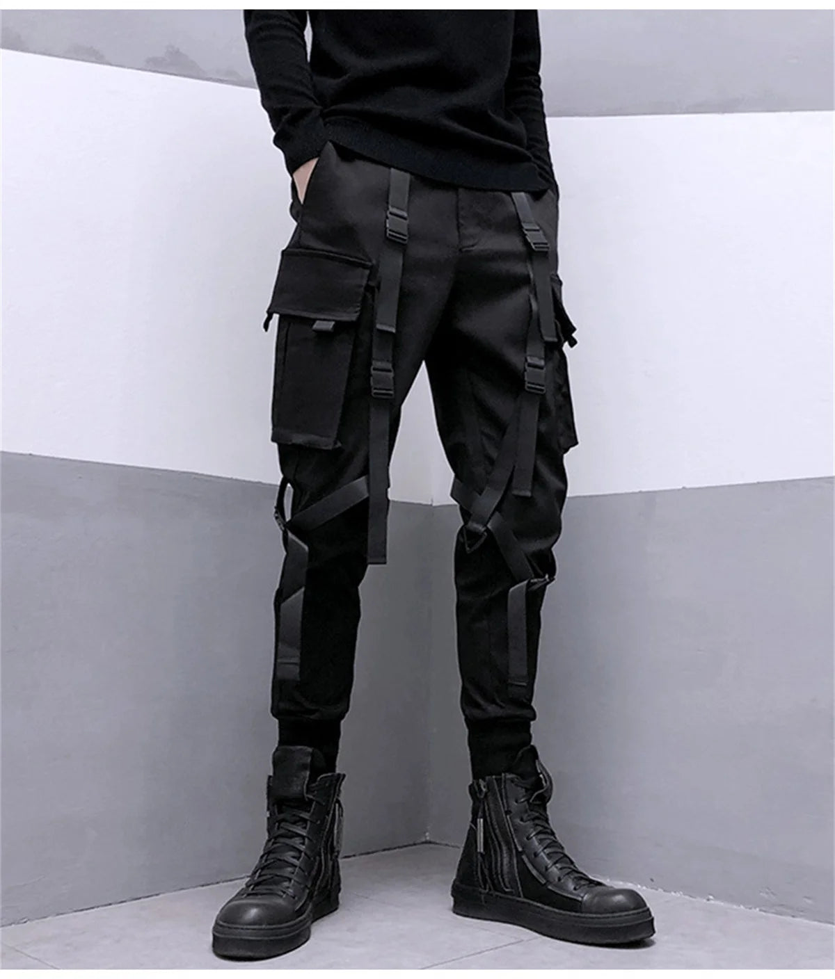 Black Cargo Pants Hip Hop Joggers Men Loose Harem Pants Multi-pocket Ribbon Men's Pants Trousers Streetwear Sport Pants for Men
