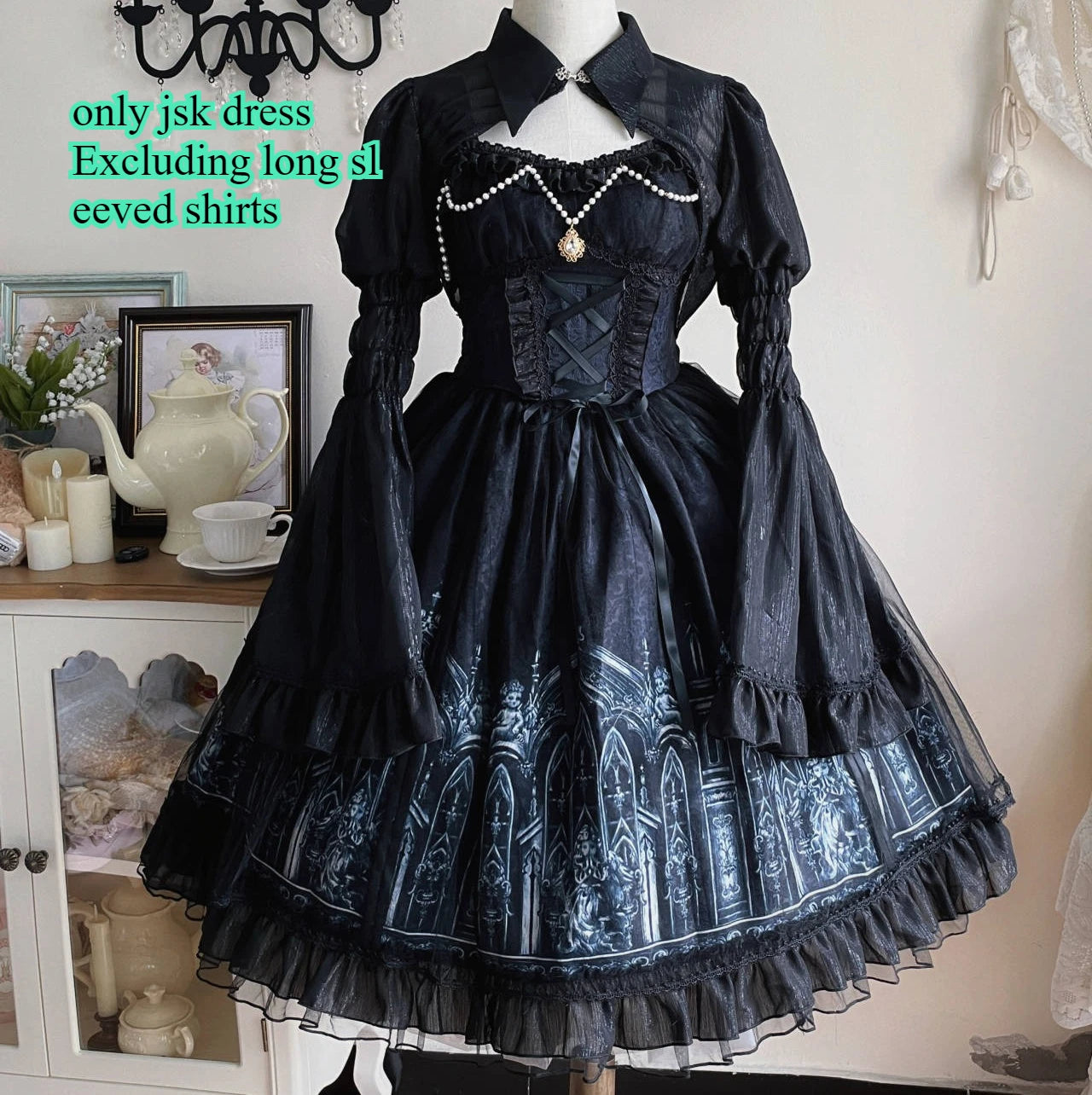 2025 Lolita Dark Gothic Style Sweet Ruffles Jsk Dress Summer Personality Girls Lace-up High Waist A-line Dress Long Sleeve Shirt