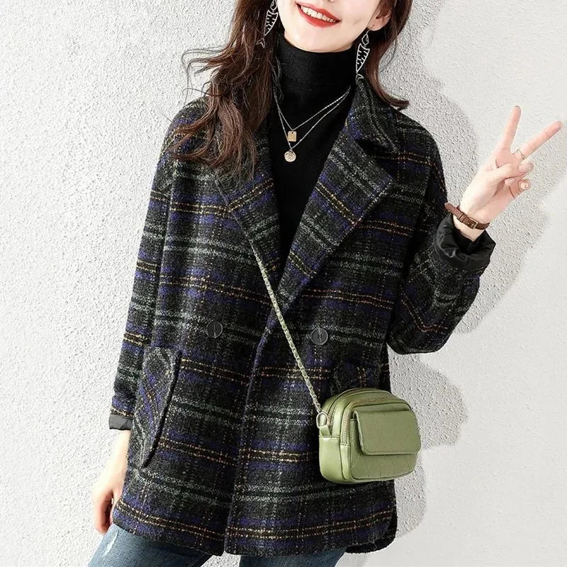 Plaid Suit Woolen Coat Women Autumn Winter New Korean Fashion Loose Woolen Coat Mid-Length Wool Blazer Overcoat Woman Jacket