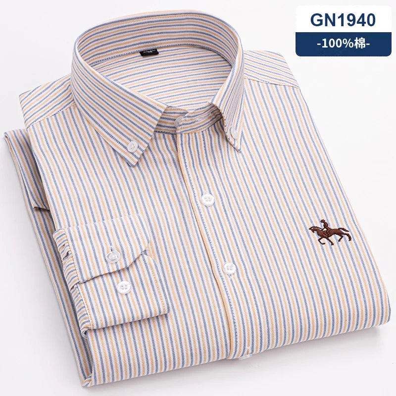 S-6XL Casual Pure Cotton Oxford Mens Shirts Long Sleeve Embroidery Horse Design Regular Fit Fashion Button Man White Dress Shirt