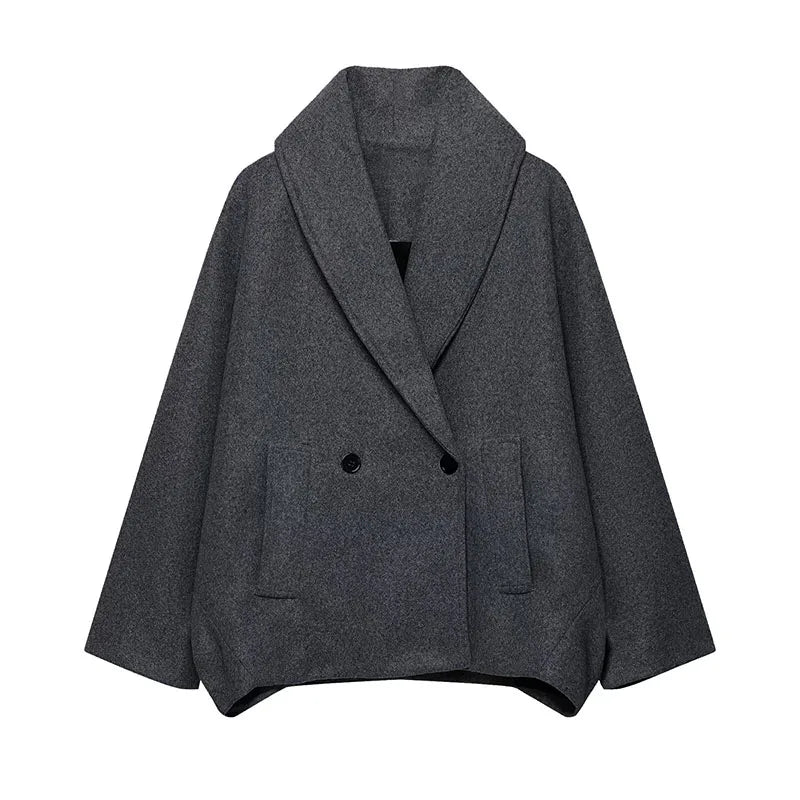 Woman Grey Suit Woolen Coat Collar V-neck Single Breasted Pocket Jacket 2025 Lady Autumn Casual Fashion Commuter Streetwear