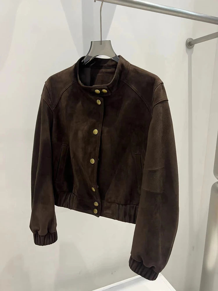 2025 Imported Goat Suede Jacket For Women Retro Standing Collar Versatile Slimming Elastic Waist Leather Coat Chaquetas Bomber