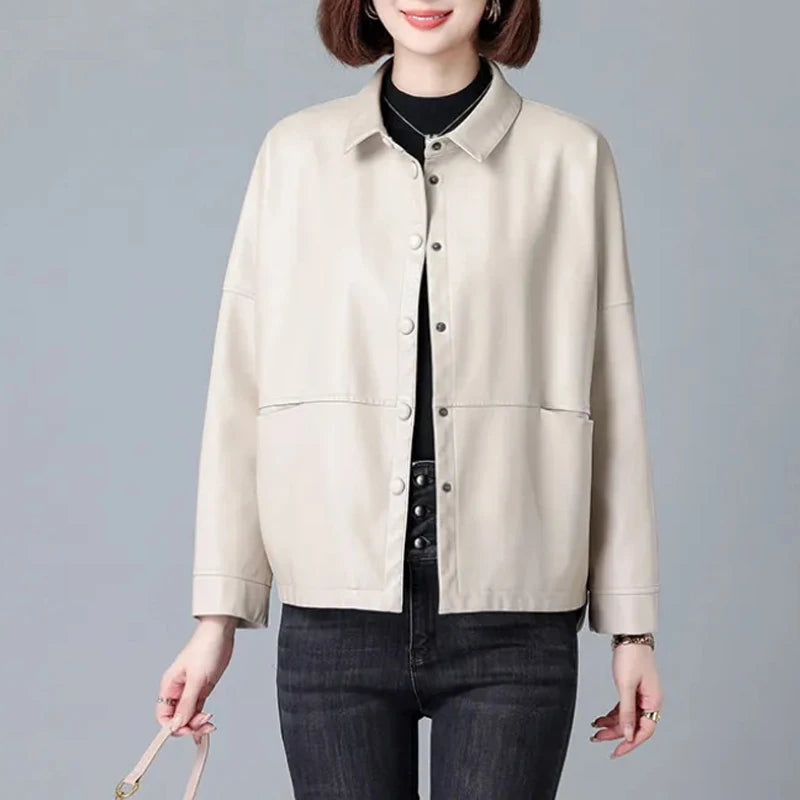 Sheepskin Leather Jacket Women Short Covered Button Pockets Coats Chic Office Ladies Split Sheep Leather Korean Loose Outwear