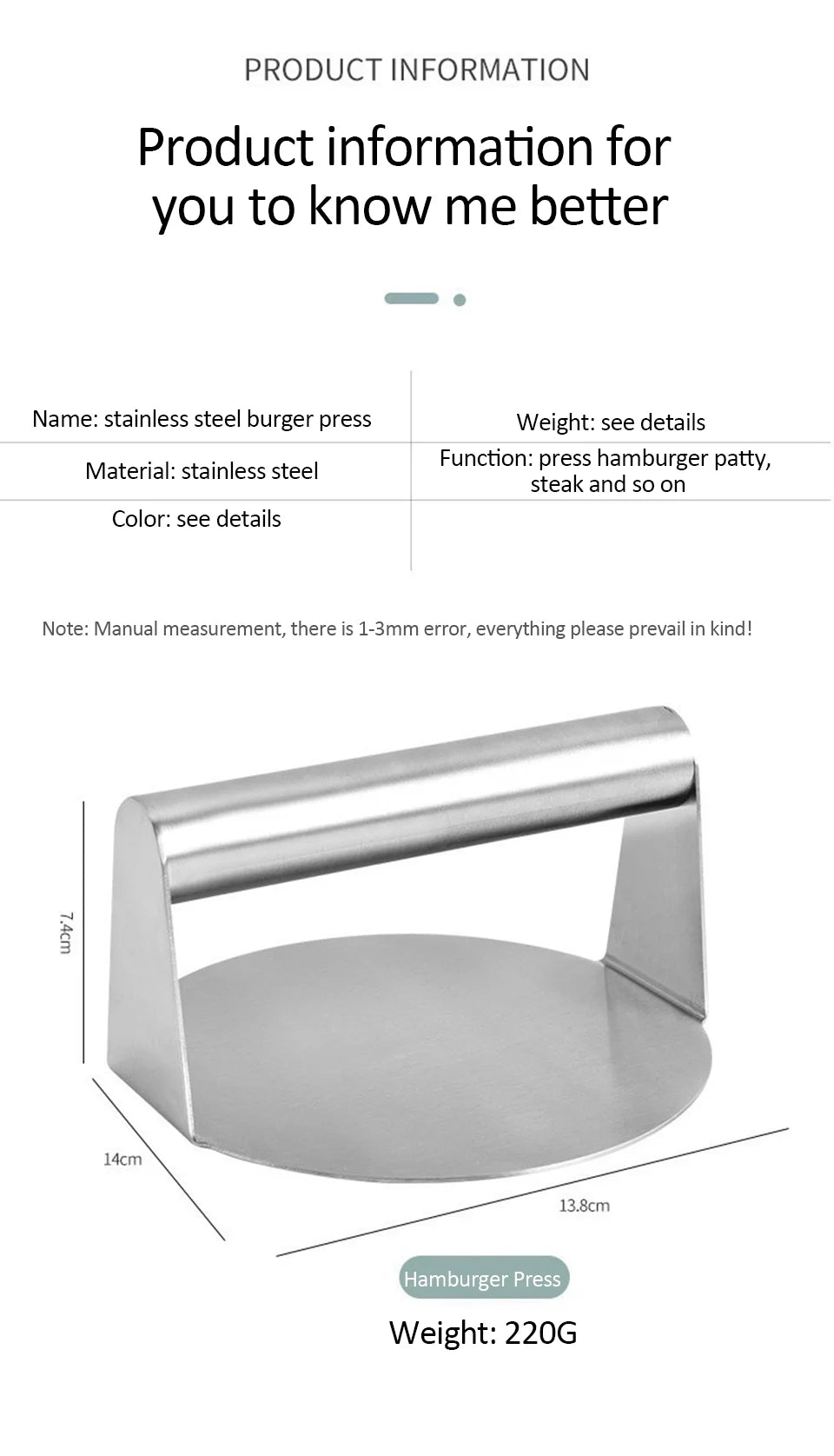 Stainless Steel Round Smash Burger Press Hamburger Patties Meat Press Mold for Deli Beef Press Plate Masher Kitchen Accessories