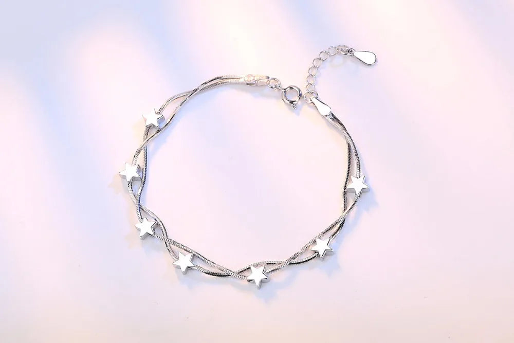 925 Sterling Silver Star Bracelets & Bangles New Fashion Silver Double Layer Chain Bracelet For Women sterling-silver-jewelry