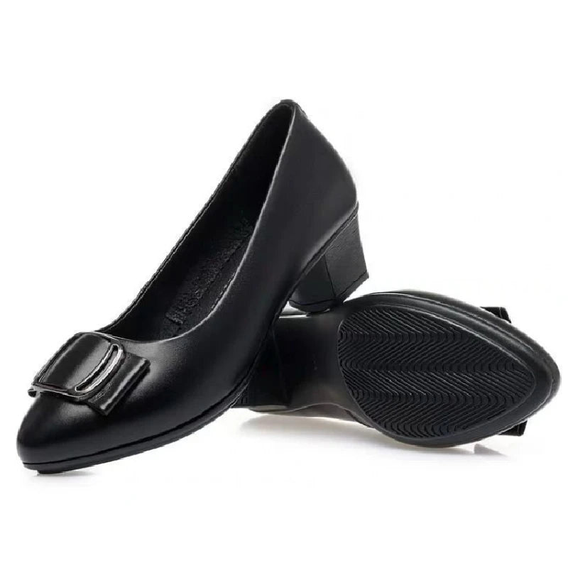 2025 Spring/Autumn New Women's Office Loafers, Soft Leather Medium Heel Non-slip Flat Shoes for Daily Wear