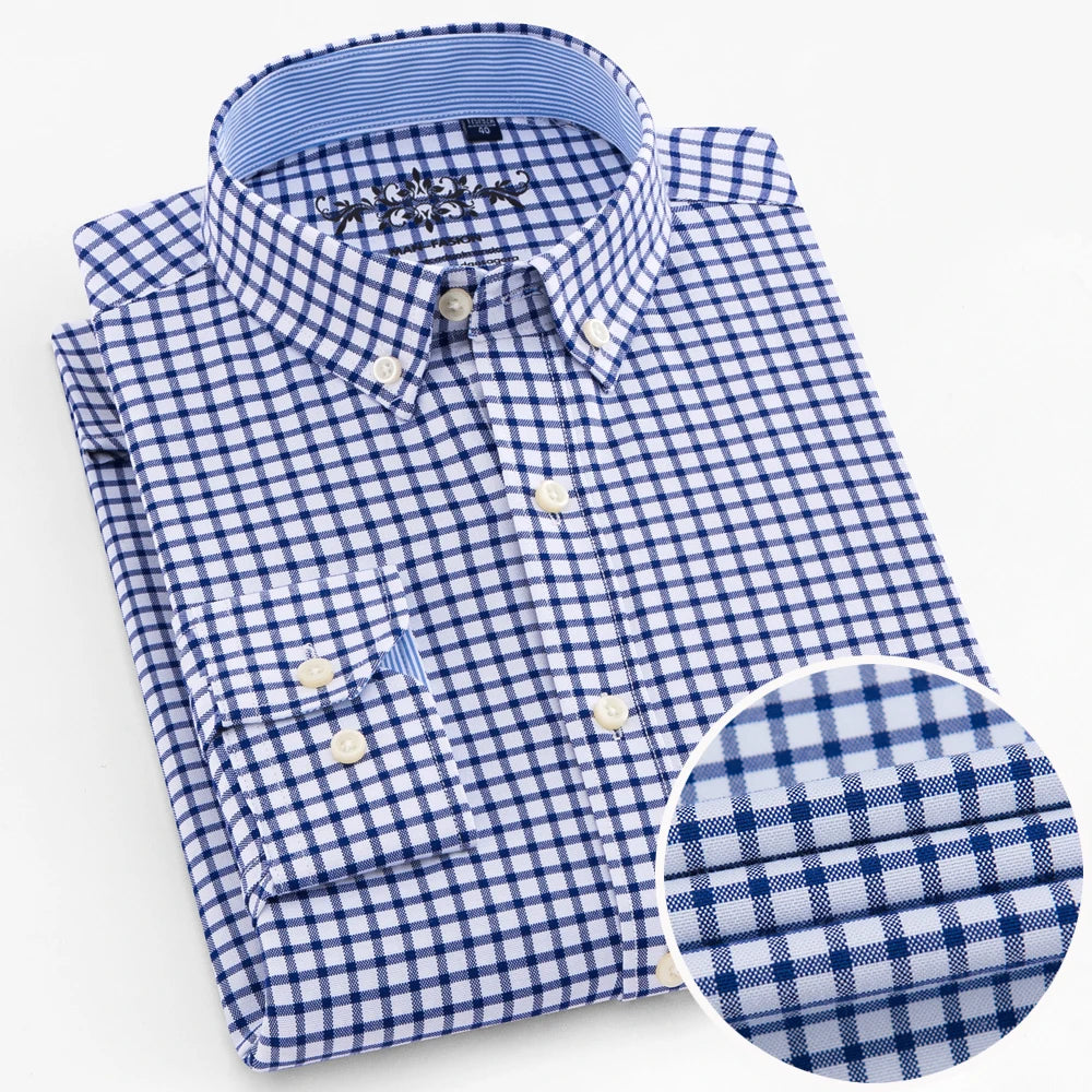 Men's Long Sleeve Oxford Plaid Striped Work Casual Shirt with Pocket, Spring Autumn Cotton Blend Regular-fit Button-down Shirts