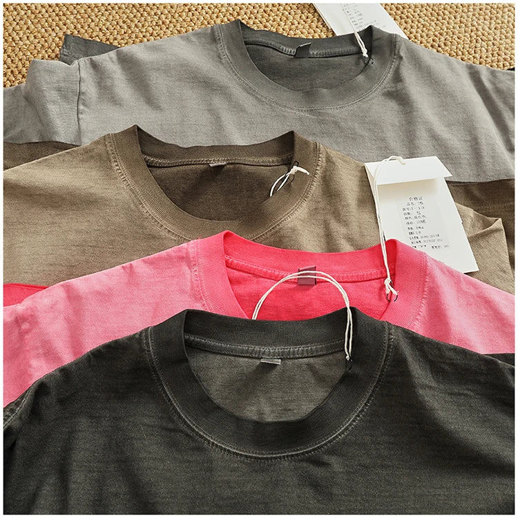 100% cotton made old wash short sleeve T-shirt men's round neck loose drop rotator sleeve solid color half sleeve T