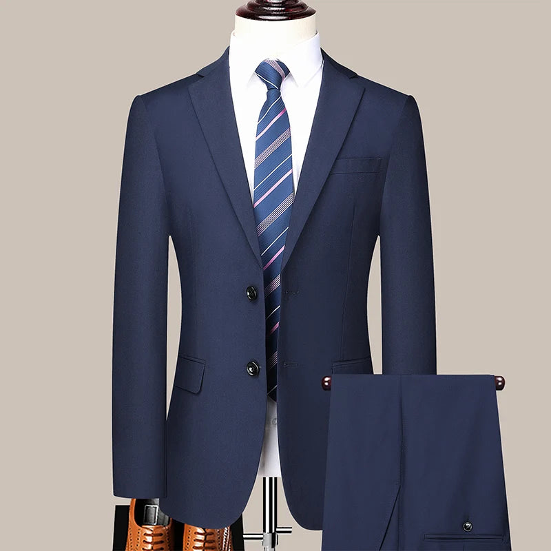 Suit (Blazer+ Trousers) Men's Casual Formal Business Gentleman Solid Color Hosting Four Seasons Slimming Wedding Fashion Suit