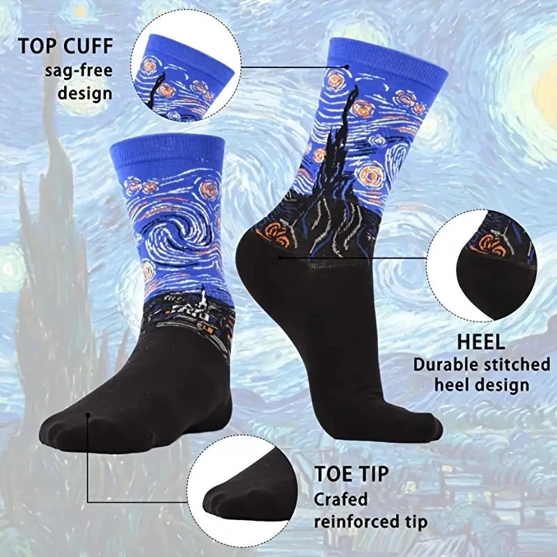 1 Pair Women Retro Abstract Oil Painting Art Sock Shout Modern Van Gogh Starry Night Happy Oil Painting Comfort Skateboard Socks