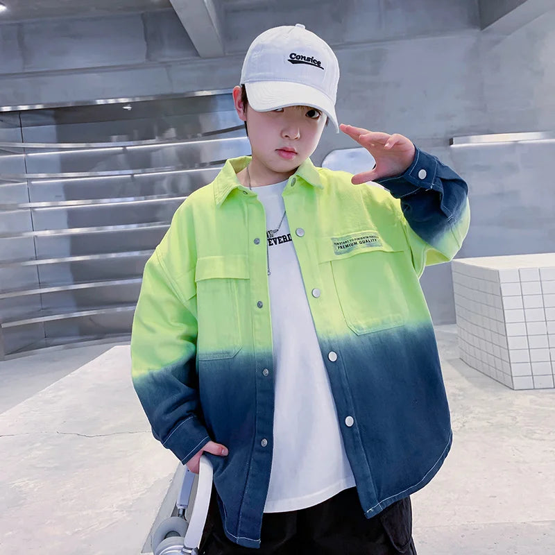 Kids Long Sleeve Shirt Clothes Denim Gradient Color Blouses Clothing Teenager Boys Fashion Streetwear Outfits Age 5 7 9 11 13 14