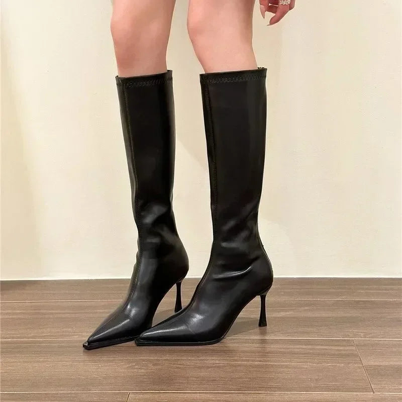 2025 New Women's High Heels Pointed Knee-length Female Boots Comfortable Stiletto Heel Soft Leather Women Shoes Zapatos De Mujer