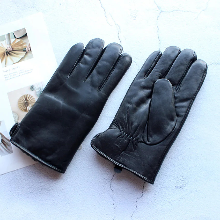 Winter Thick Sheepskin Fur Lining Warm Goatskin Gloves Men's Deerskin Pattern Leather Sheep Shearing Cold-Proof Finger Gloves