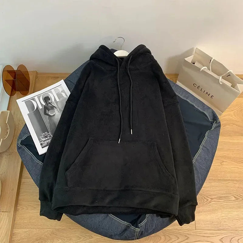 Autumn Korean Solid Hoodies Women Fashion Loose Pocket All Match Warm Pullover Tops Y2K Oversized Streetwear Casual Sweatshirts