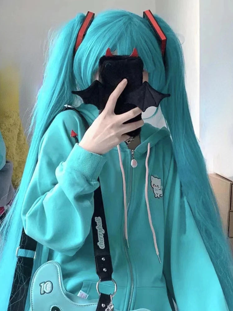 2026 Cartoon Embroider Hoodies Women Y2k Aesthetic Vintage Grunge Tops Loose Casual Zip Up Sweatshirt Harajuku Streetwear