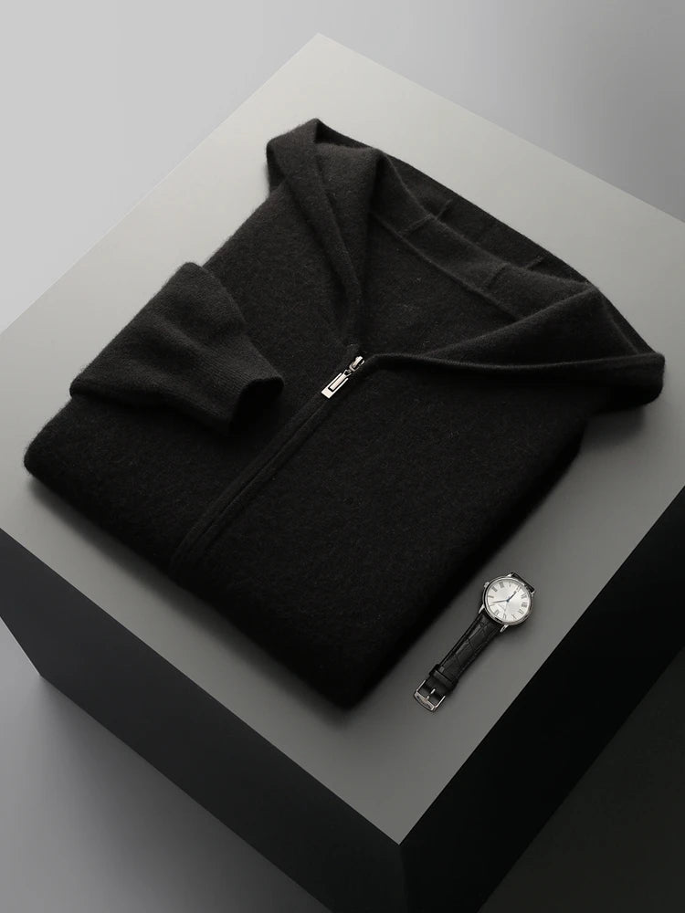 100% Pure Wool Sweater Suit Men's Hooded Cardigan Wool Pants Thick Warm Knitwear Autumn Winter Smart Casual Trousers Hoodie