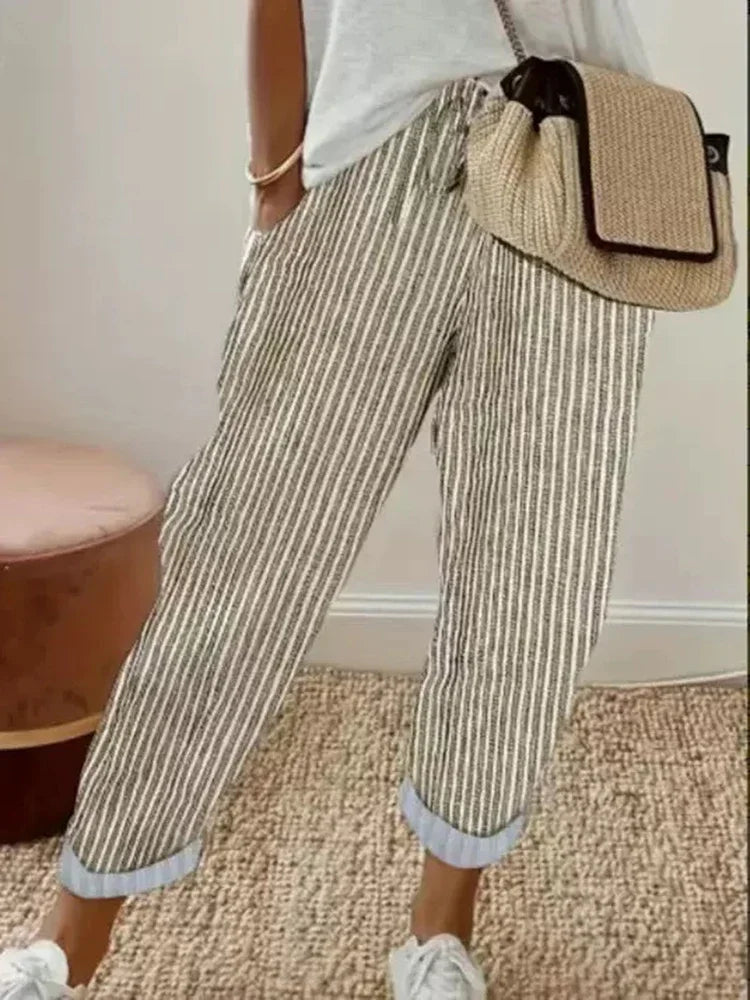 Women Pants Striped Casual Trousers Vintage Fashion Streetwear Pants Summer 2025 New Elastic Waist Loose Female Trousers