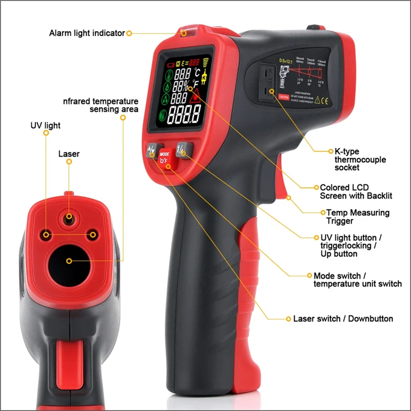 KYCOR-Infrared Digital IR Thermometer Non-Contact Laser Temperature Meter Pyrometer Hygrometer Colorful LCD