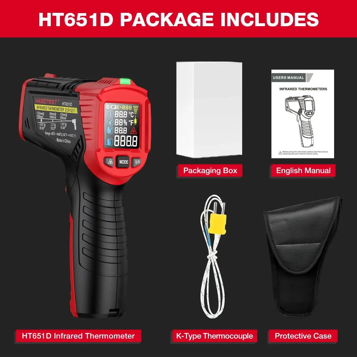 HABOTEST HT651D Infrared Thermometer Laser Temperature Meter -50-800℃ Non-contact Industrial Infrared Laser Temperature Meter