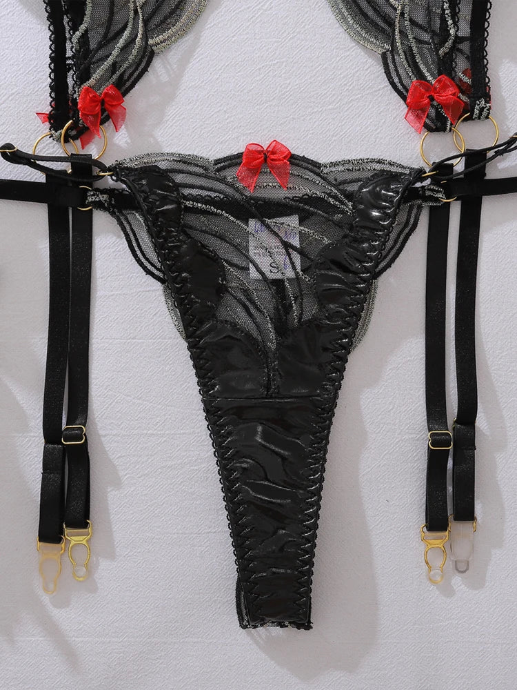 Lingerie Sexy Bra Set Women Black Underwire Geometry Embroidery Garter Belt Pants Fancy Underwear Hot Exotic Sexy Lingerie
